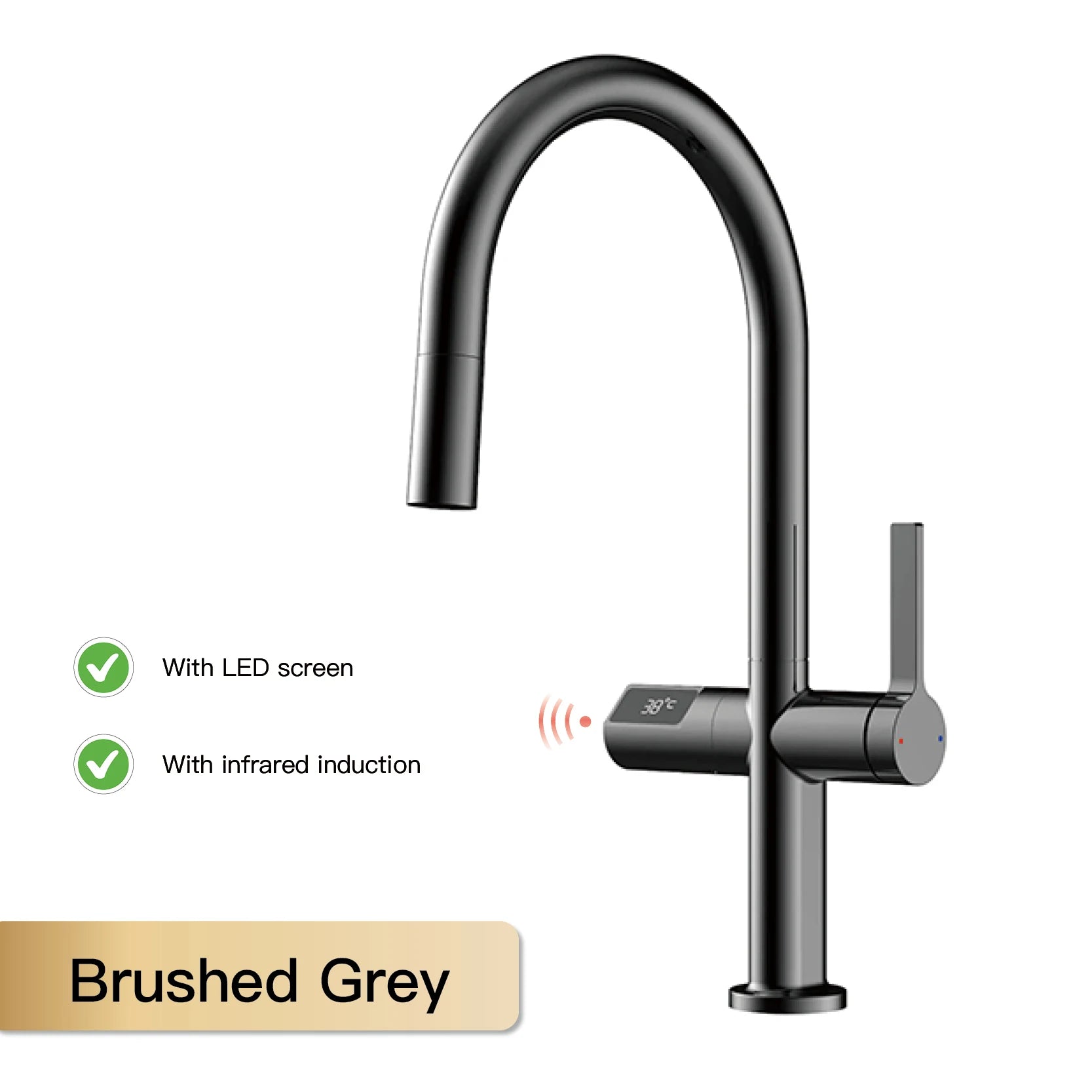 gun gray kitchen faucet, LED digital sensing, 2-function spay