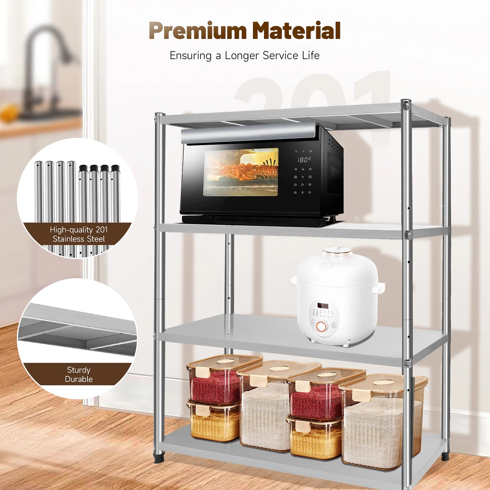 3-Tier 201 Stainless Steel Adjustable Storage Rack