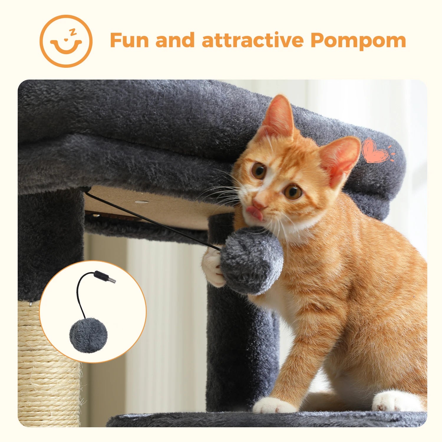 5-Level Cat Tree 113cm Cat Tower with Top Perch,Soft Condo,Natural Sisal Scratching Post,Attractive Pompom,Anti-tip kit,Hammock