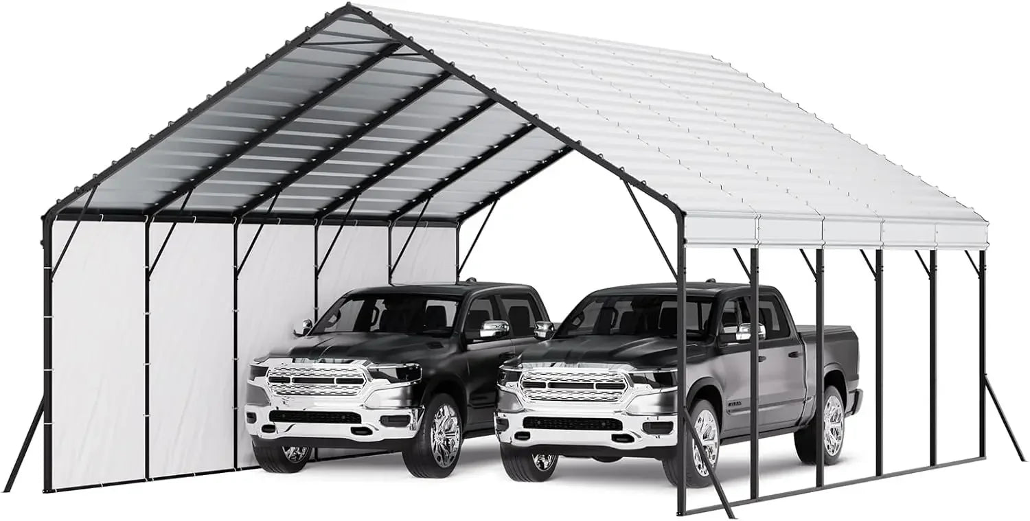 20x24 ft Heavy Duty Metal Carport, Outdoor Car Shelter with Removable PE Sidewalls, Steel Frame Garage for Car, Truck, Boat
