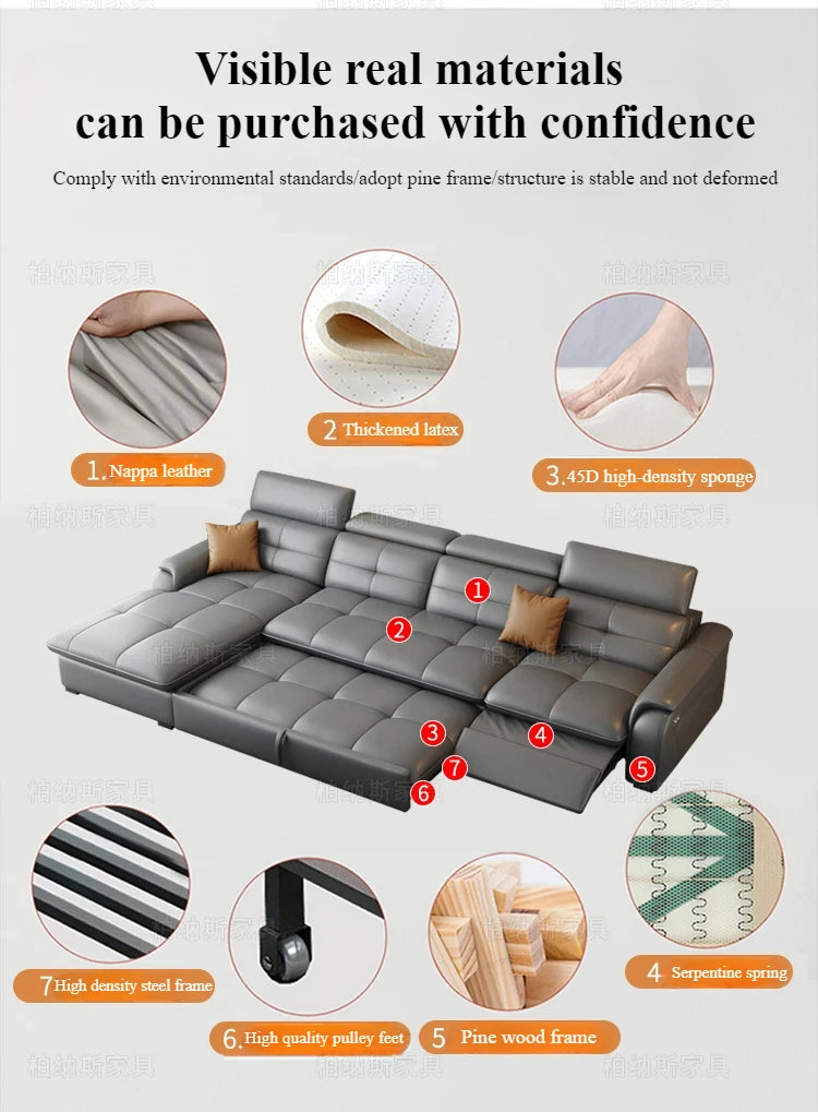 Genuine Leather Corner Sofa, Electric Reclining, Storage