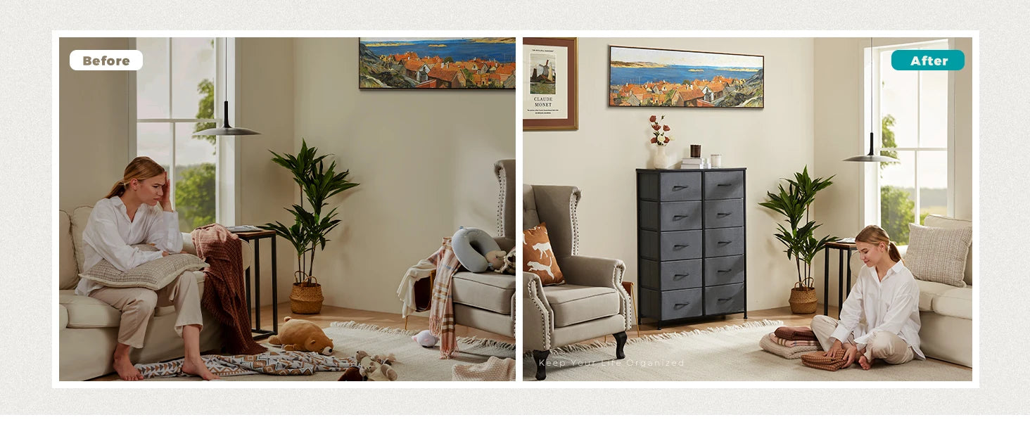 10 Fabric Drawers Nightstand Storage, Steel Frame, Clothes Storage