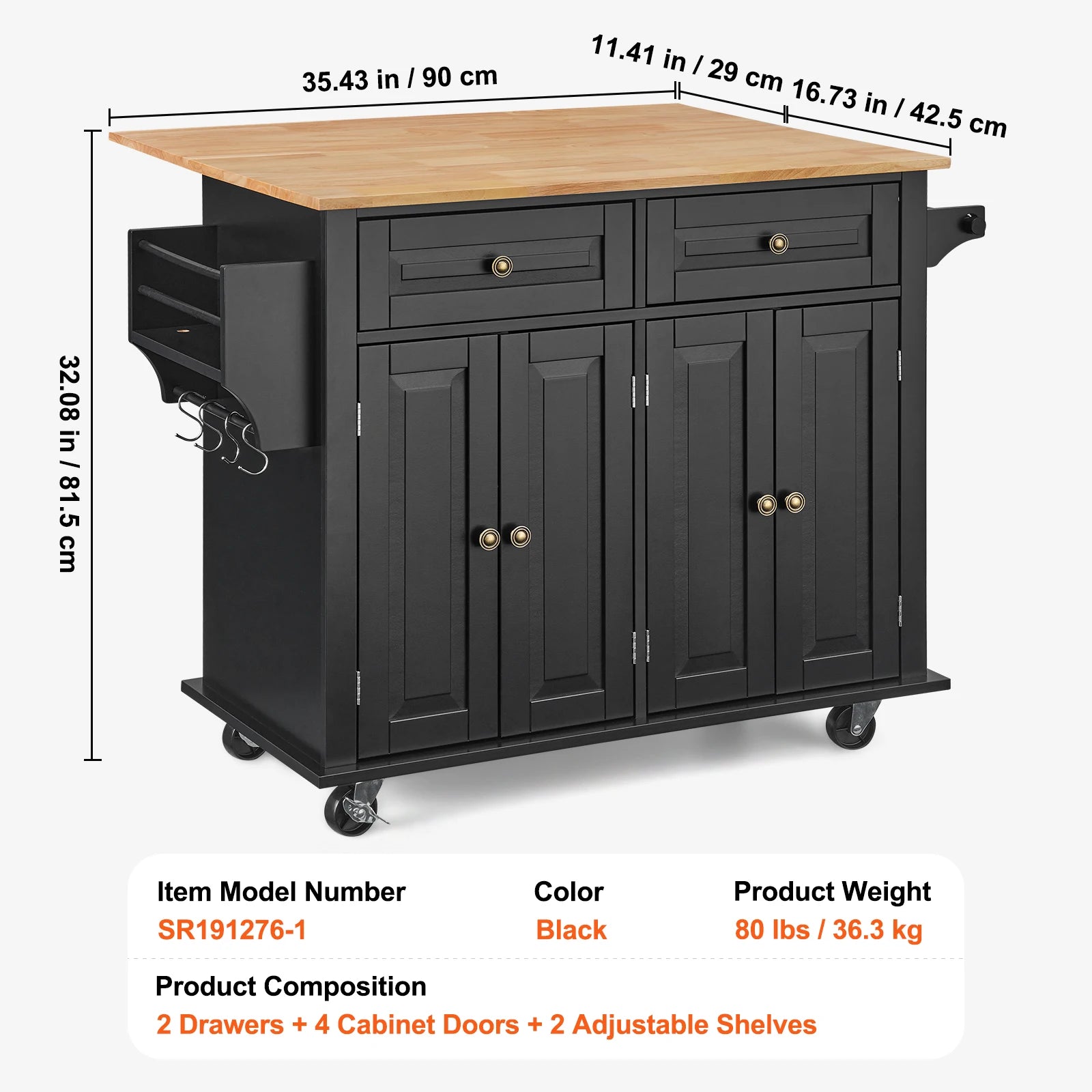 43" Kitchen Island Cart with Leaf