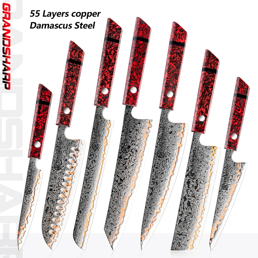 1-7PCS 55 Layers Copper Damascus Steel Chef Knife