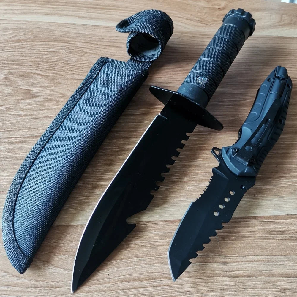 Stainless Steel Knife Set: Fixed & Folding Blades, Sheath