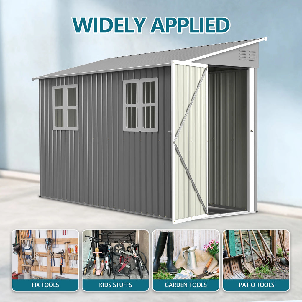 4x10 FT Galvanized Steel Shed, Lockable Storage, Windows