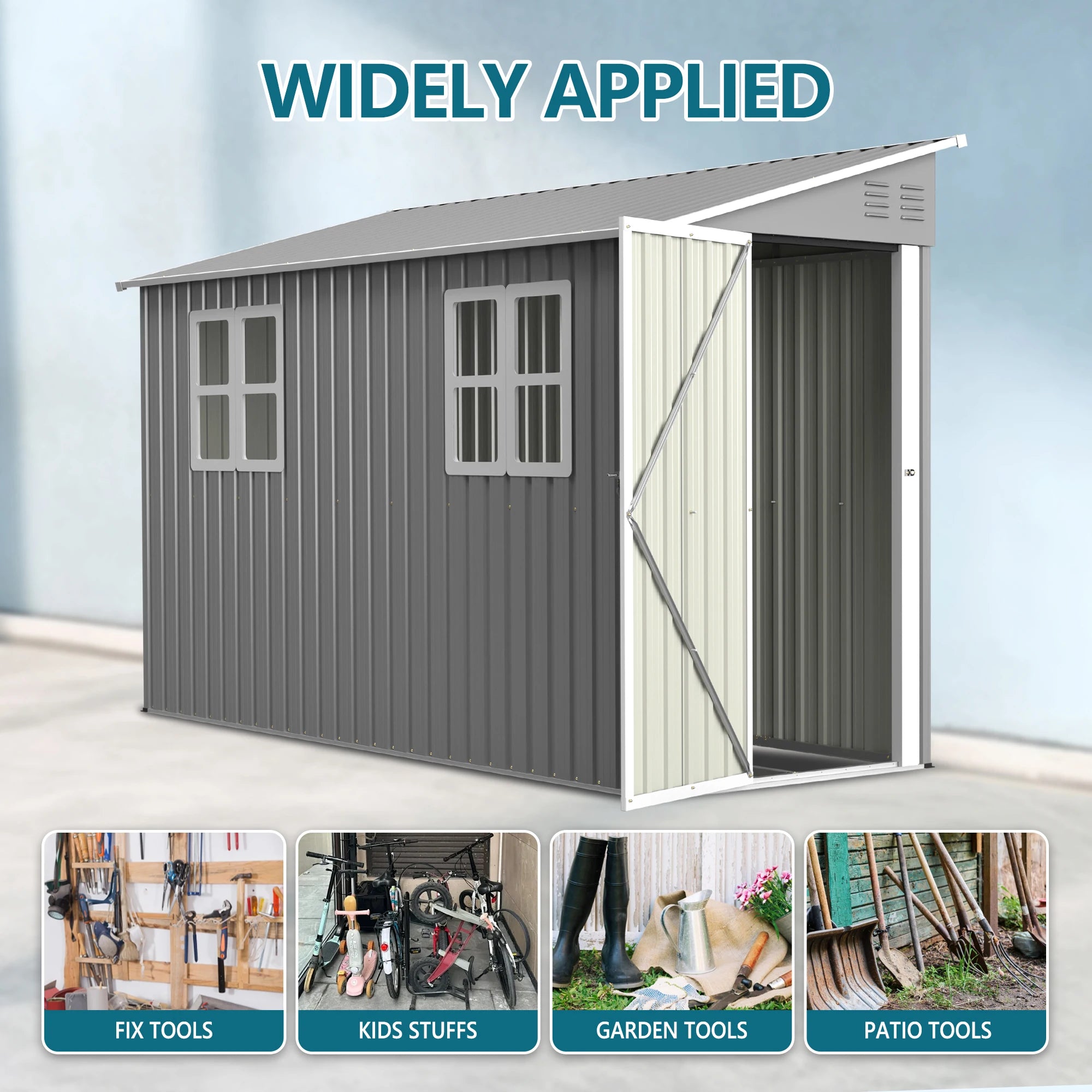 4x10 FT Galvanized Steel Shed, Lockable Storage, Windows