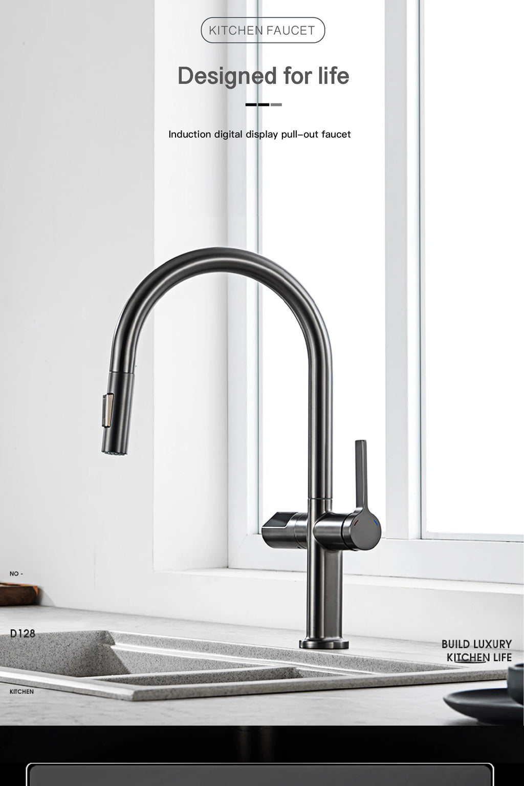 gun gray kitchen faucet, LED digital sensing, 2-function spay