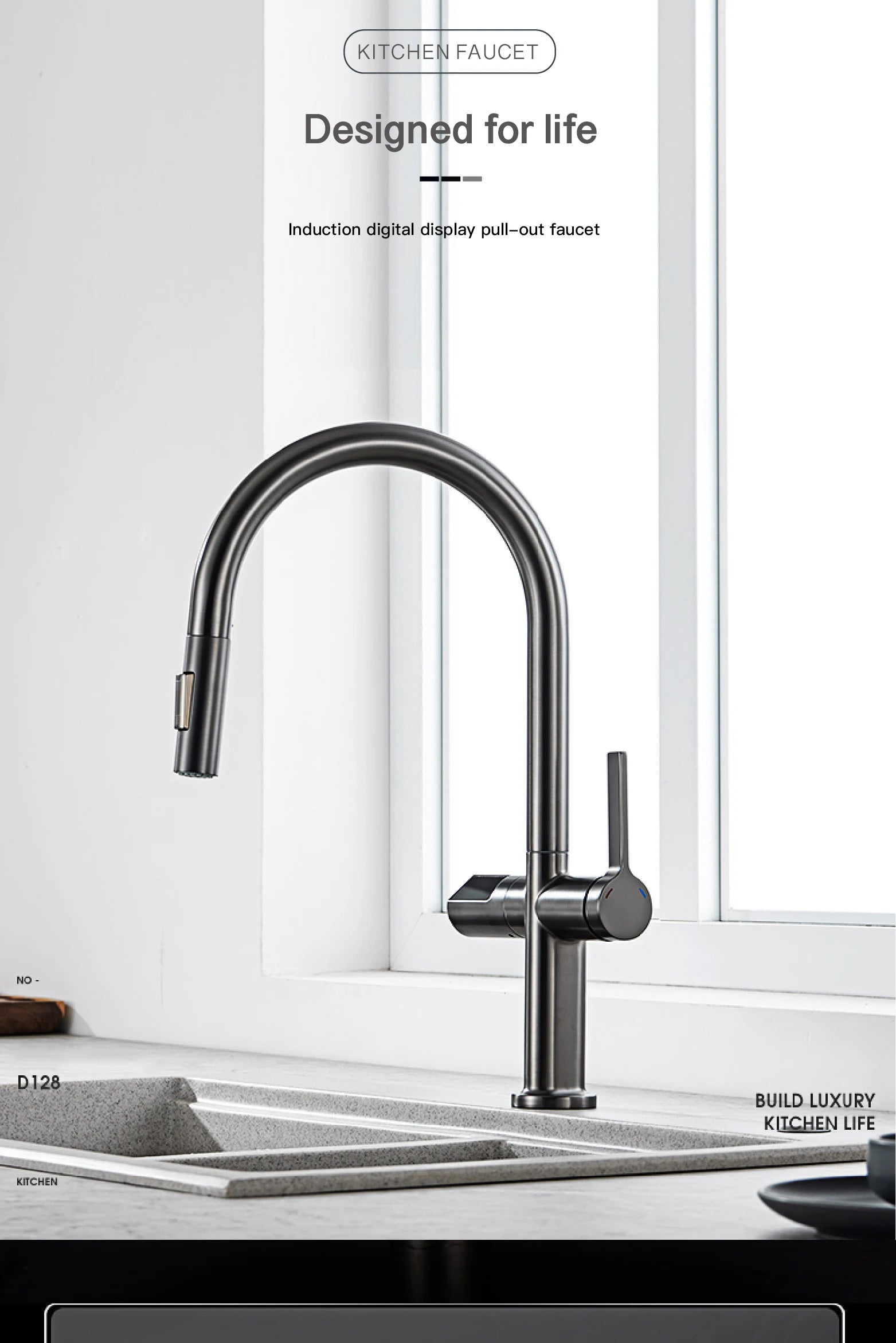 gun gray kitchen faucet, LED digital sensing, 2-function spay
