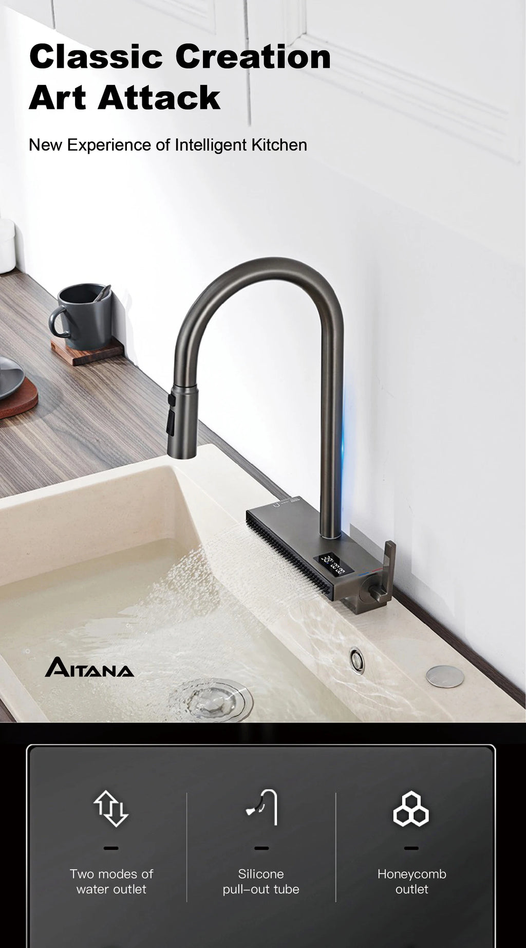 LED Digital Display Kitchen Faucet, 3 Modes Spray