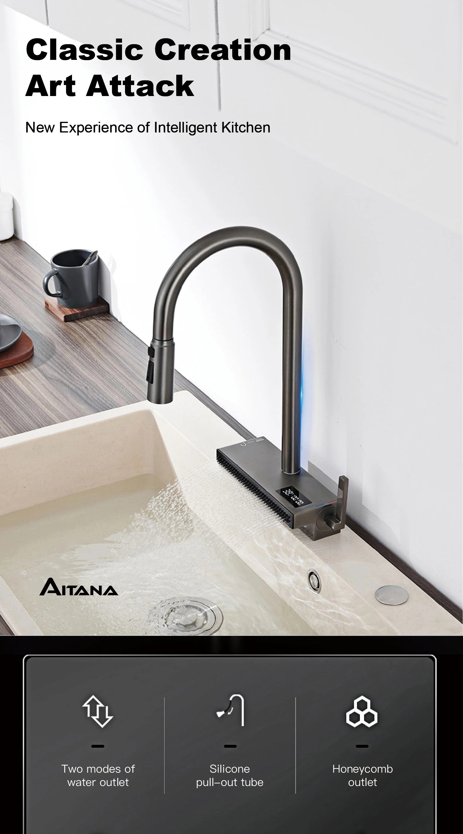 LED Digital Display Kitchen Faucet, 3 Modes Spray