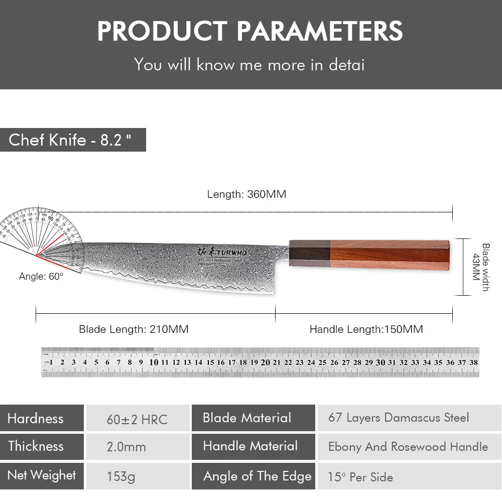 8.2" Japanese Chef Knife Damascus Steel Hand Forged