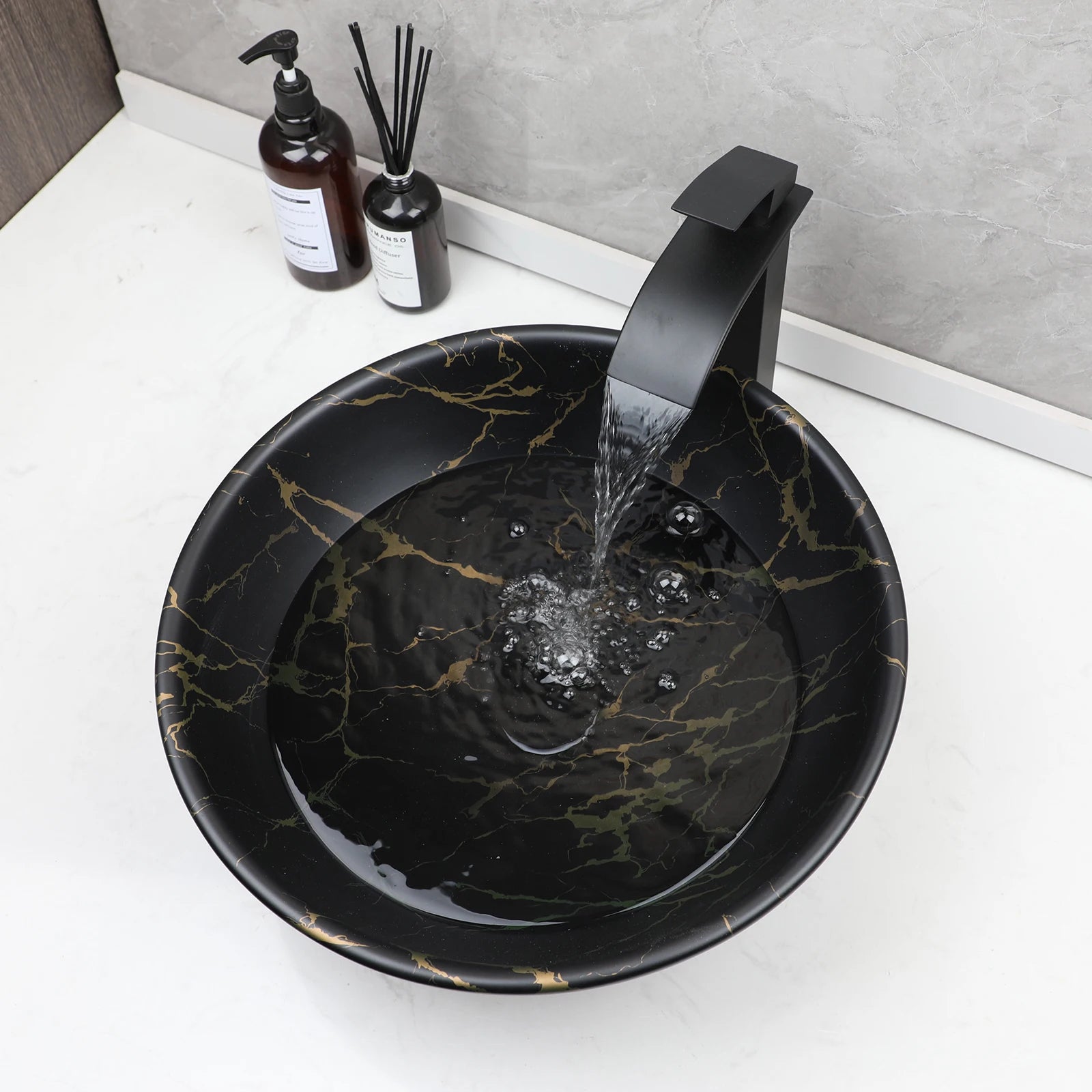 17'' Round Vessel Vanity Sink, Faucet, Drain Set