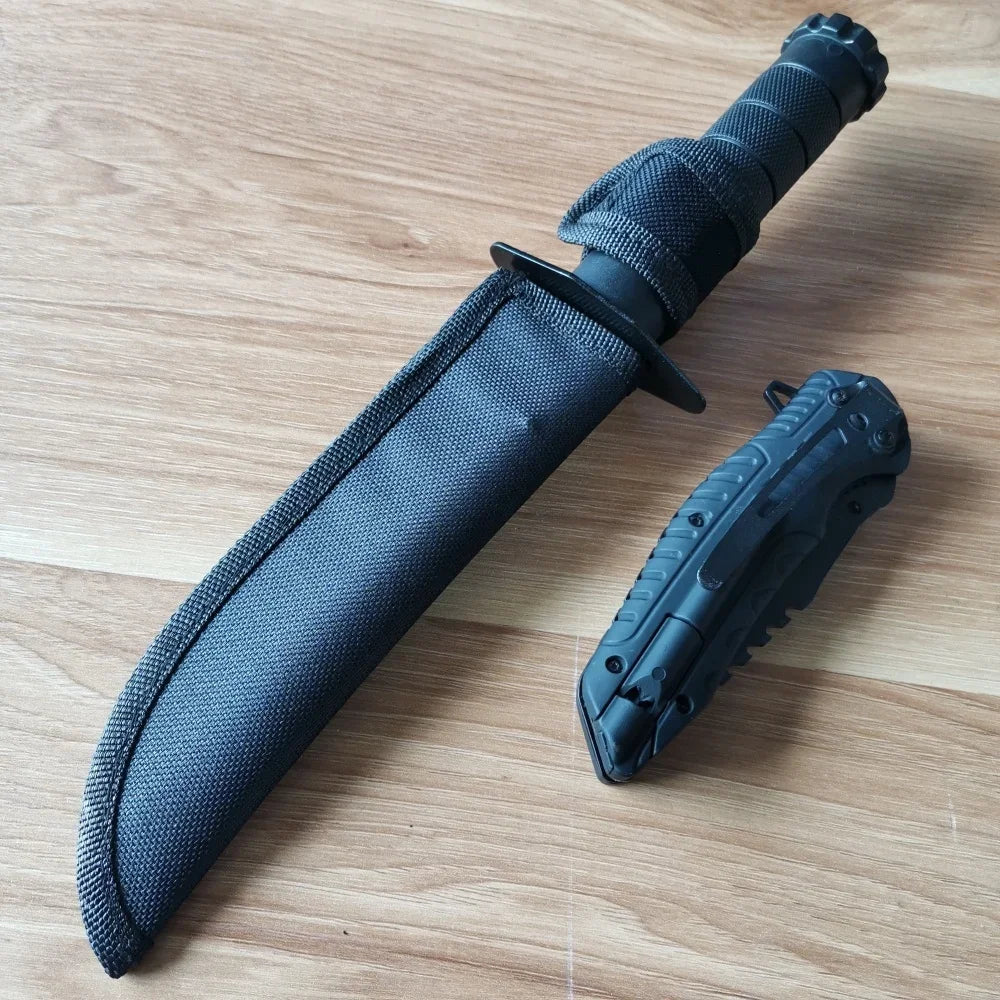 Stainless Steel Knife Set: Fixed & Folding Blades, Sheath