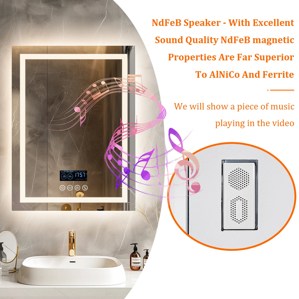 28x36 Lighted Mirror, Bluetooth Speaker Anti-Fog