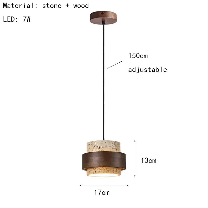 Natural Stone LED Pendant Lamp, Wood, Cord Adjustable