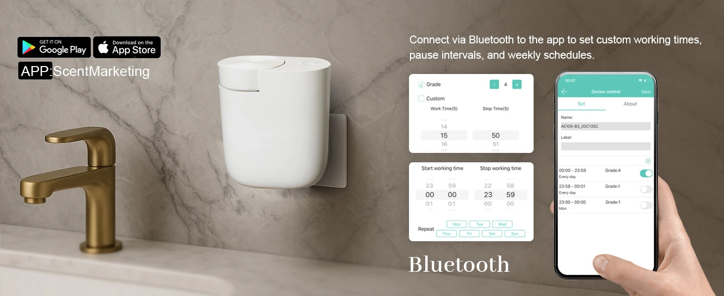 Plug-In Diffuser, Timer Control, Scent Intensity Button, Bluetooth APP
