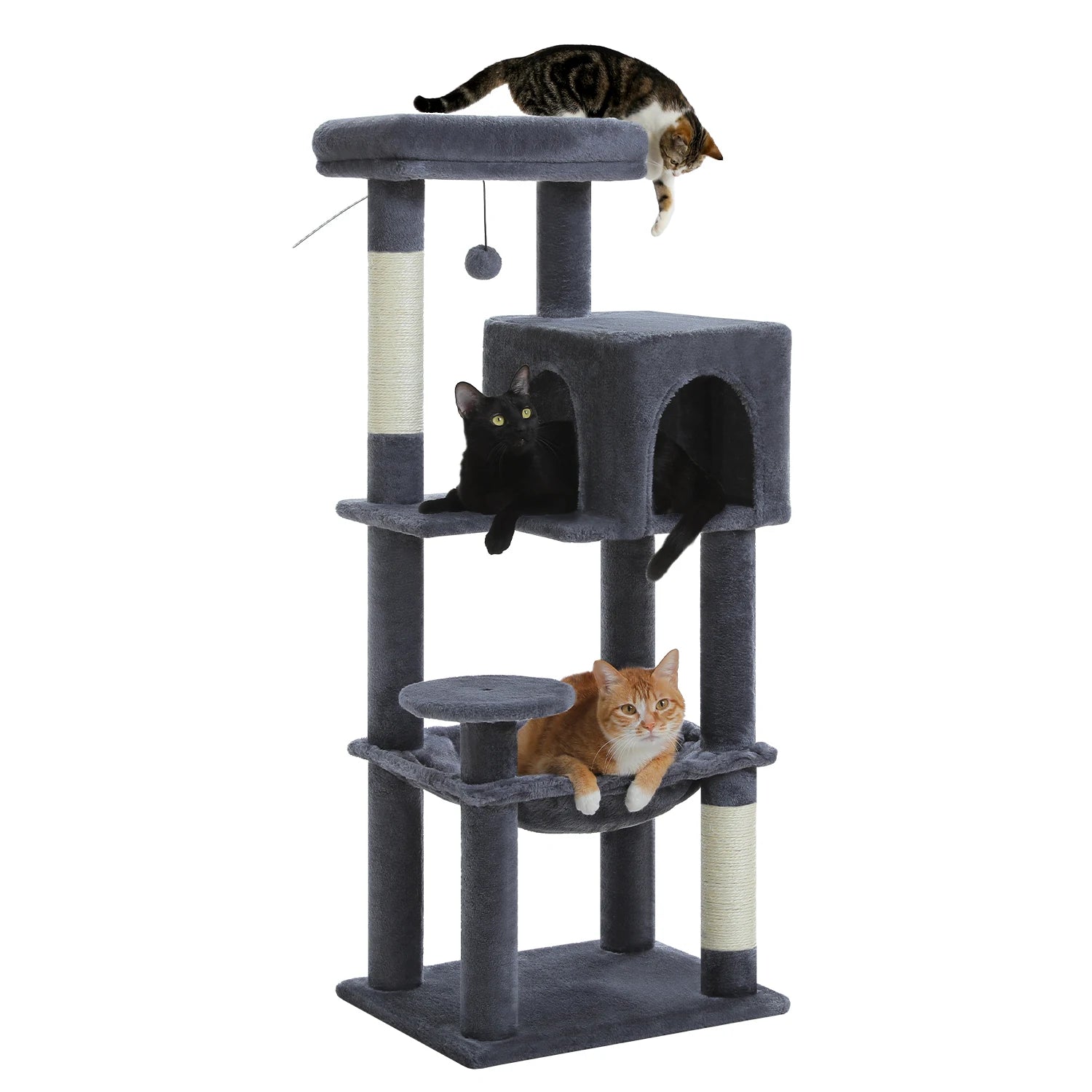 5-Level Cat Tree 113cm Cat Tower with Top Perch,Soft Condo,Natural Sisal Scratching Post,Attractive Pompom,Anti-tip kit,Hammock