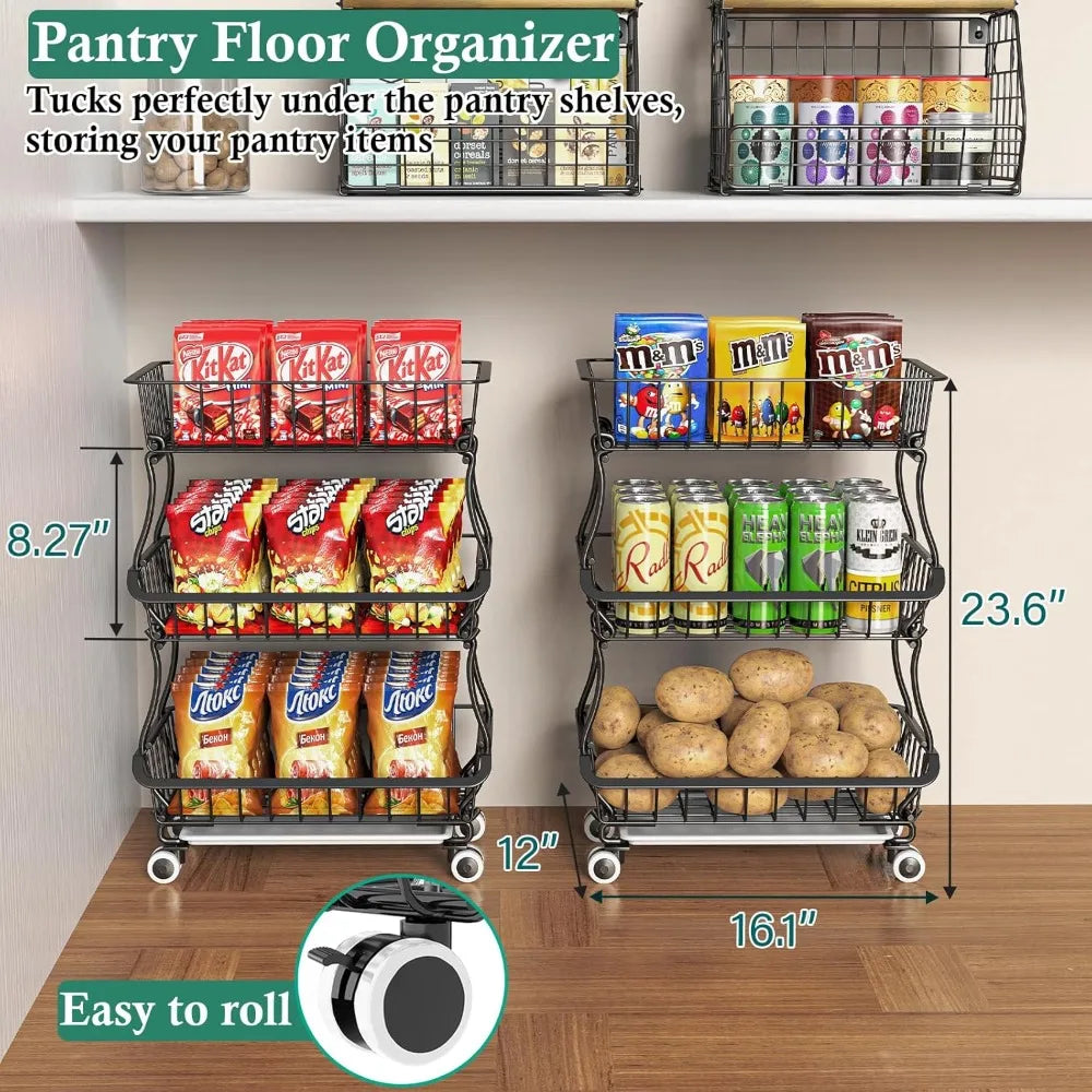 Portable Floor Organizer, Stackable Wire Pantry Baskets
