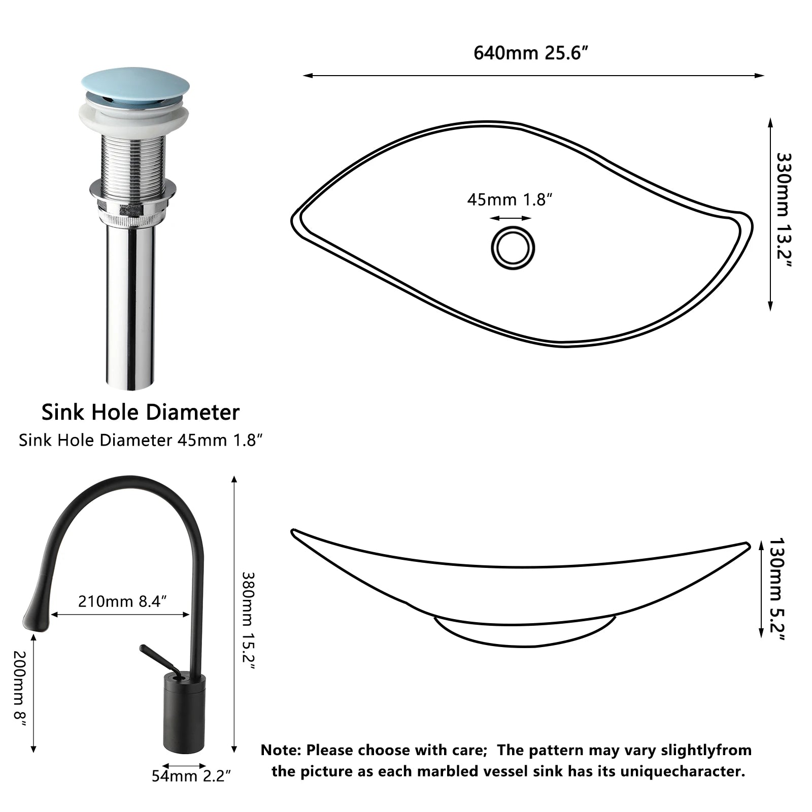 Blue Vessel Sink Deck Mounted, One Handle Faucet, Drain Set