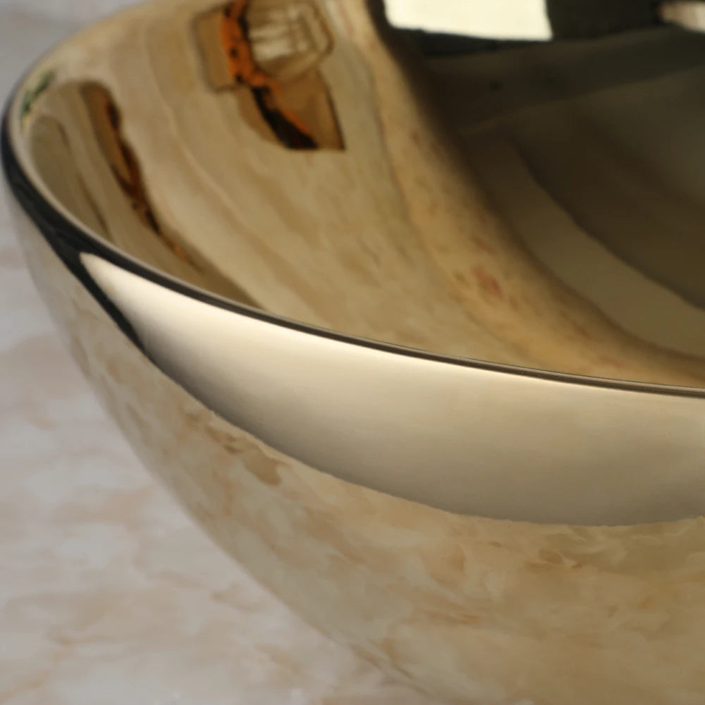 Large Gold Vessel Sink with Faucets, Drain