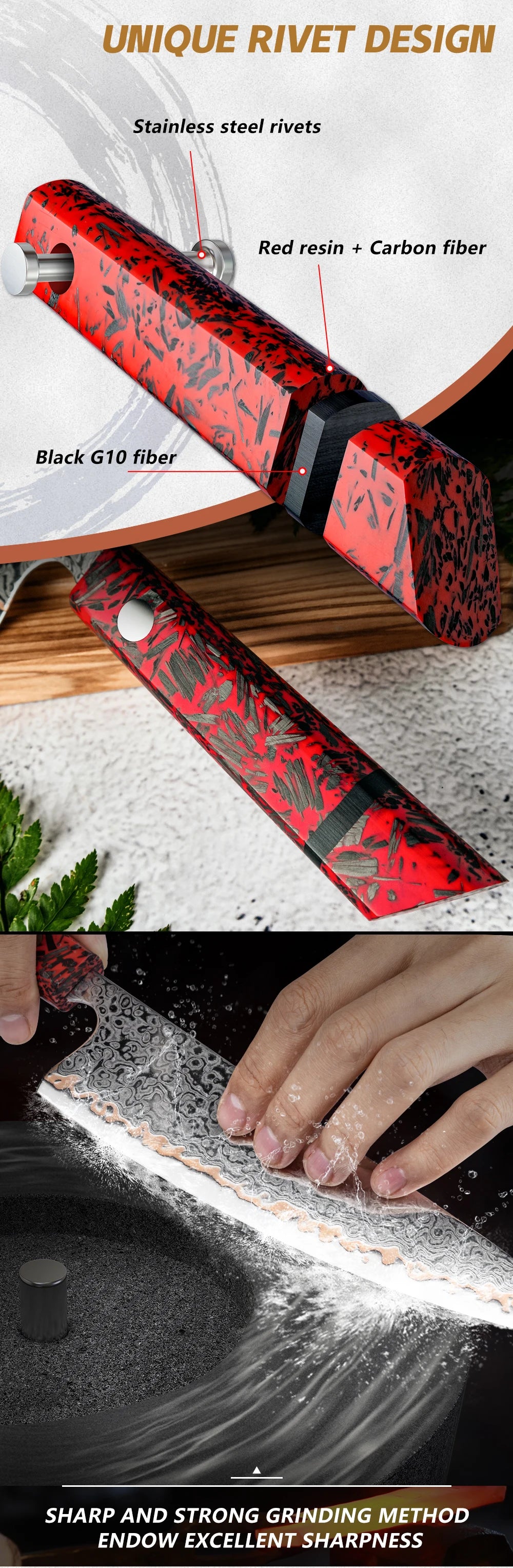 1-7PCS 55 Layers Copper Damascus Steel Chef Knife