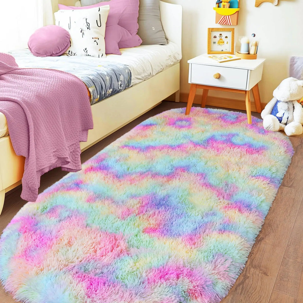 Oval Fluffy Plush Bedside Rugs, Moisture-Proof