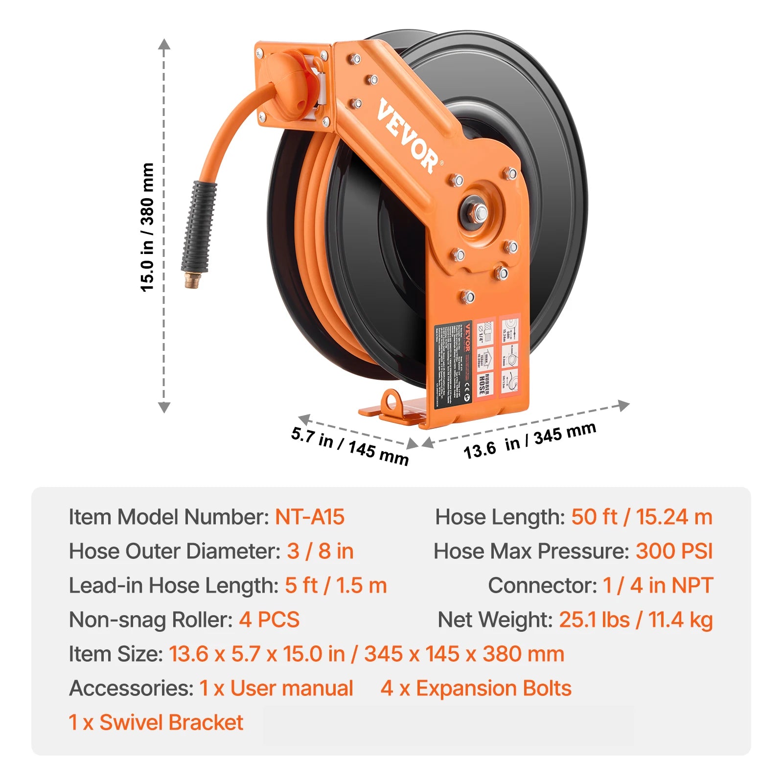 Retractable w/ 5FT Lead in Ceiling, Wall-Mounted Air Hose