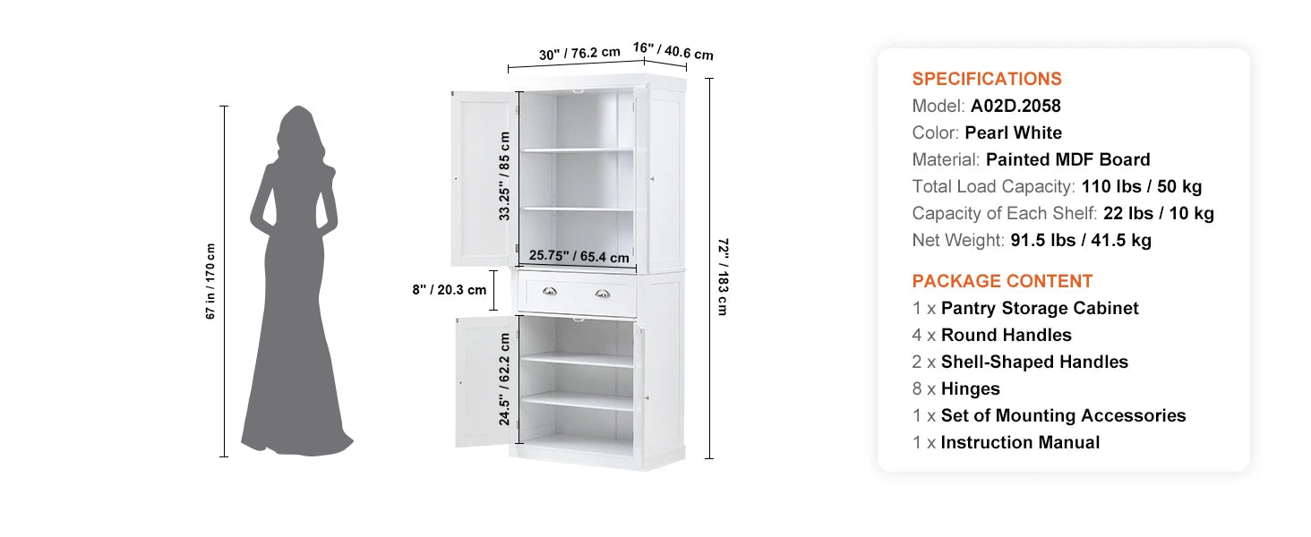 72" Freestanding Kitchen Pantry Storage Cabinet