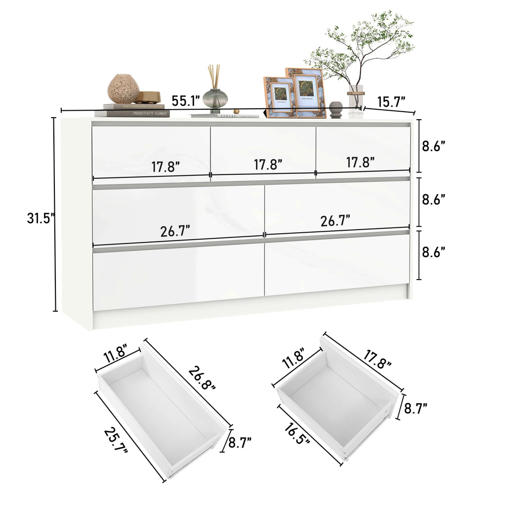 55" 7-Drawer Dresser for Bedroom, High Gloss Drawers