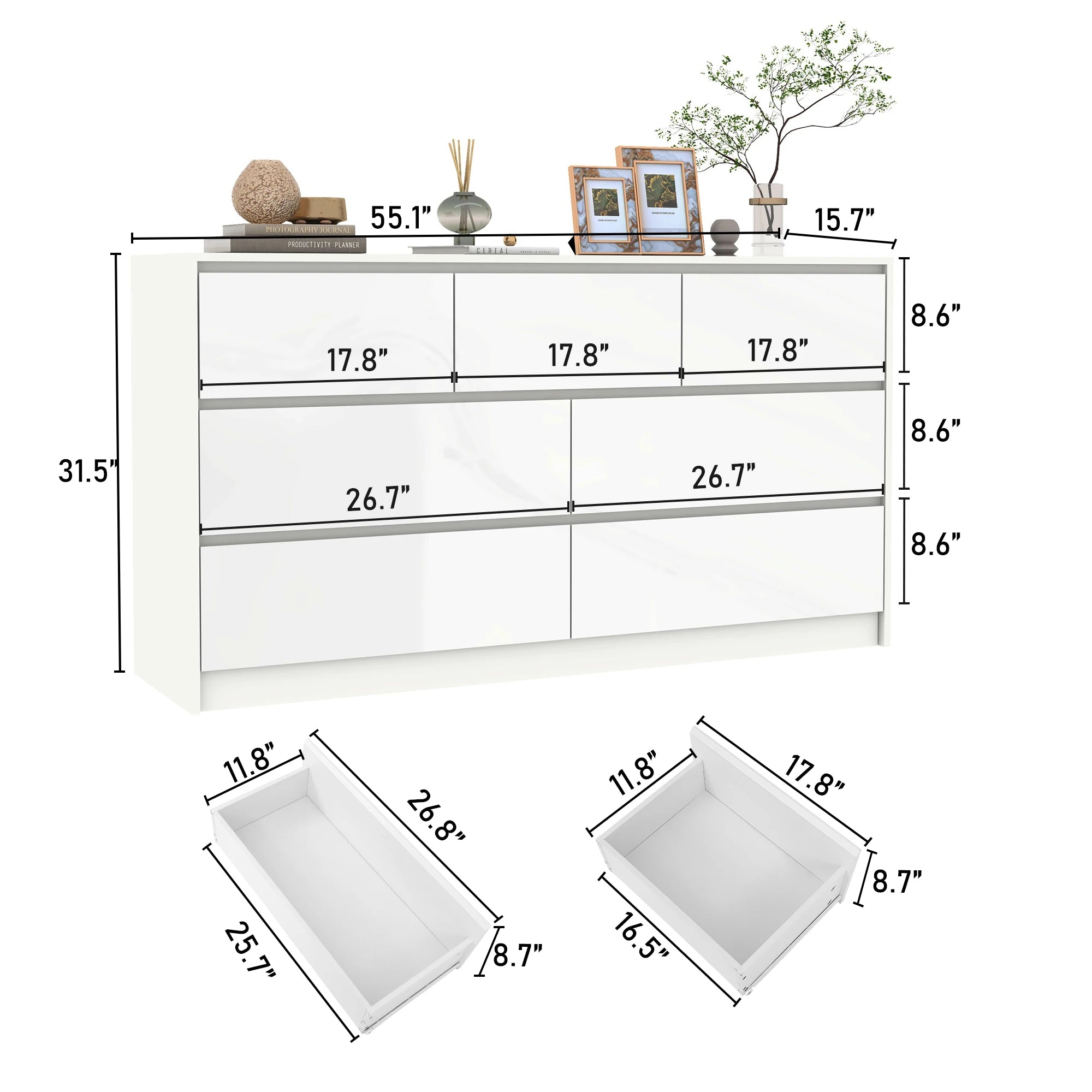 55" 7-Drawer Dresser for Bedroom, High Gloss Drawers
