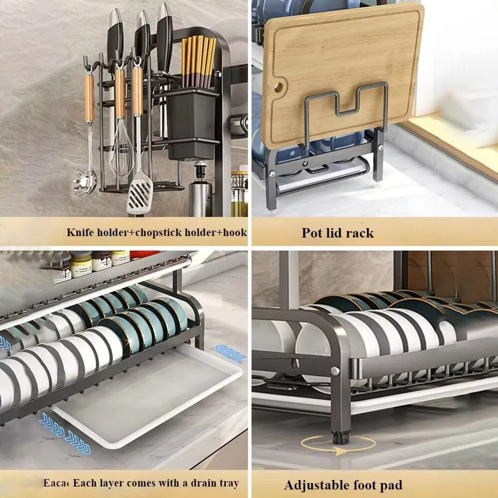 2-Tier Large Dish Drying Rack with Drainboard and Utensil Holder Rust-Proof Compact Kitchen Dish Drainer for Countertop Kitchen