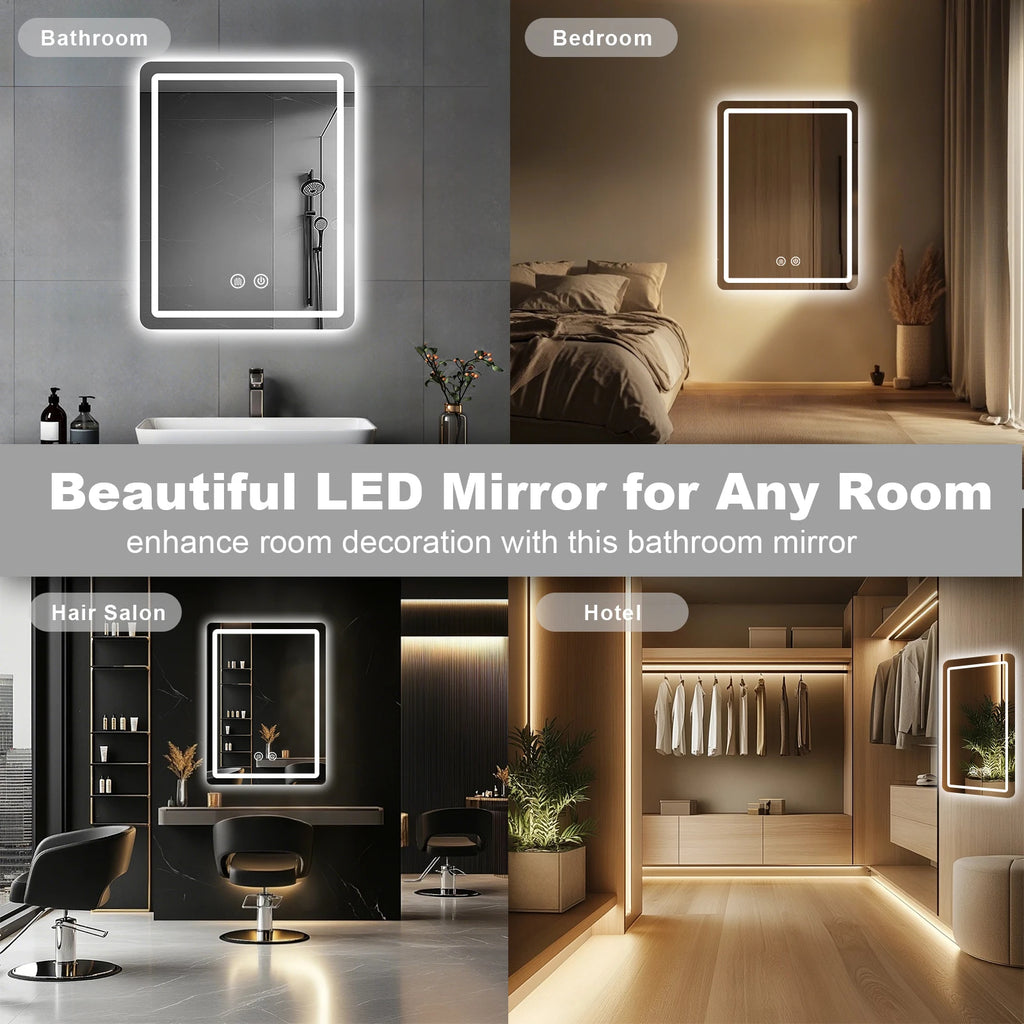 20x28 inch LED Bathroom Mirror Vanity Mirrors with Backlit Lights Fogless Makeup Mirror Wall Mounted with Demister