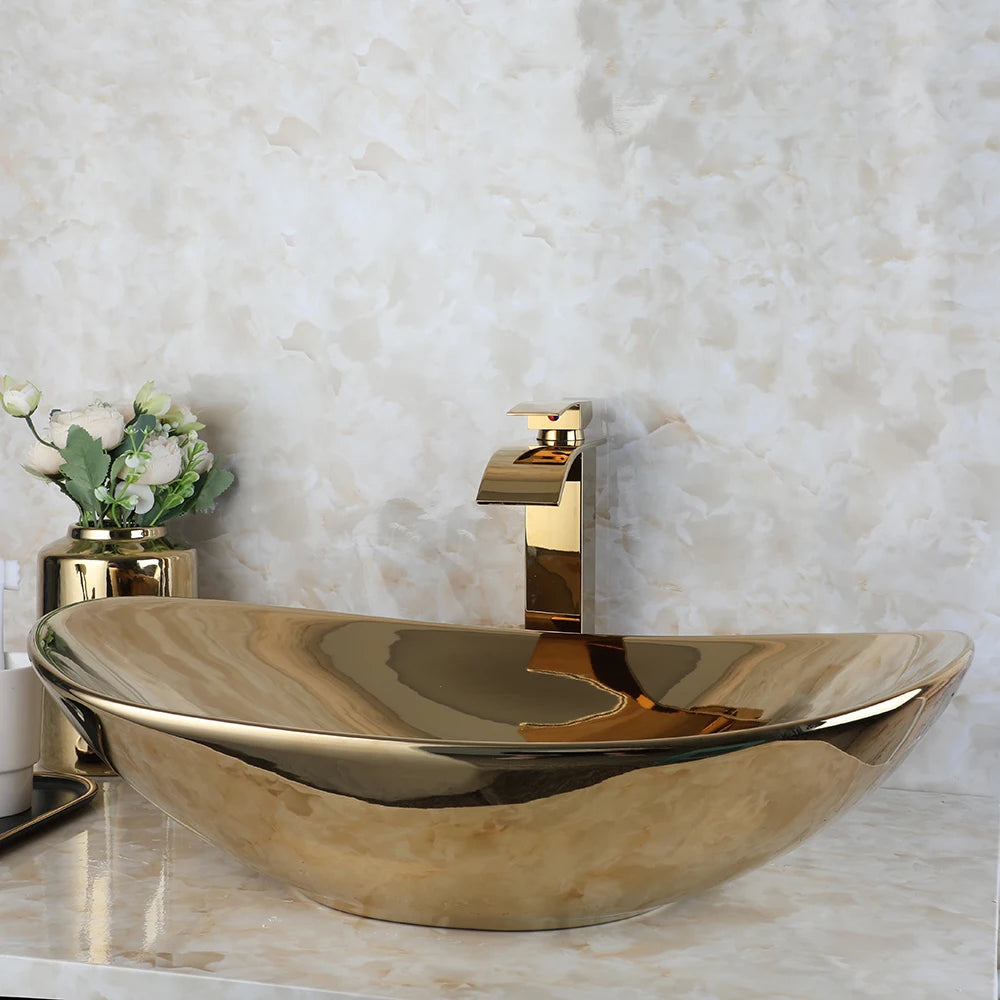 Large Gold Vessel Sink with Faucets, Drain