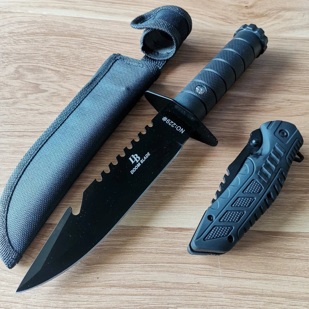 Stainless Steel Knife Set: Fixed & Folding Blades, Sheath