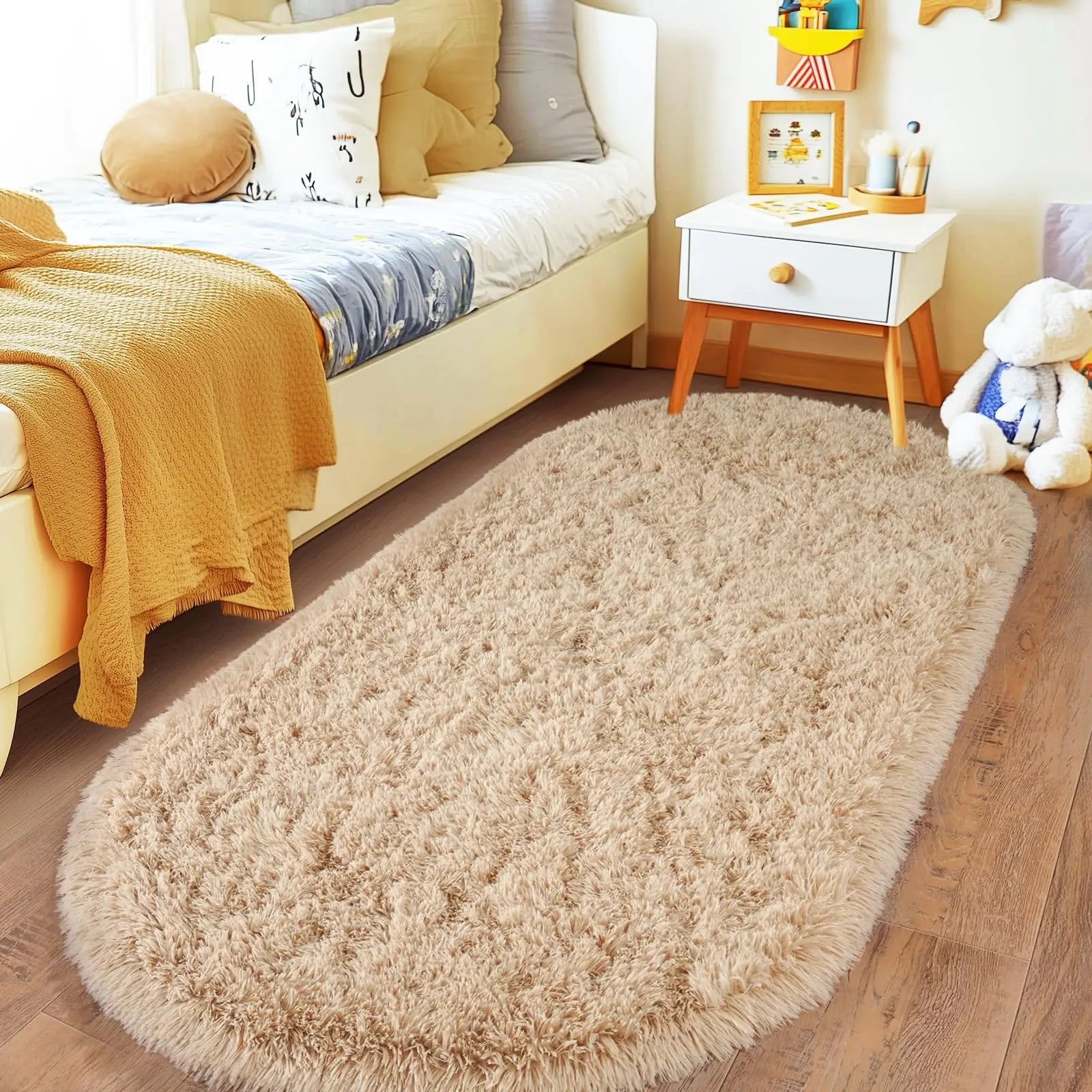 Oval Fluffy Plush Bedside Rugs, Moisture-Proof