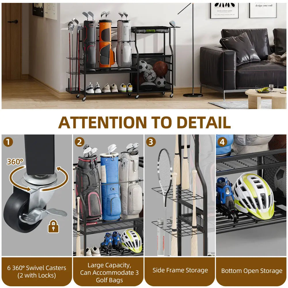 3 Golf Bag Organizer with Wheels Accessories Rack