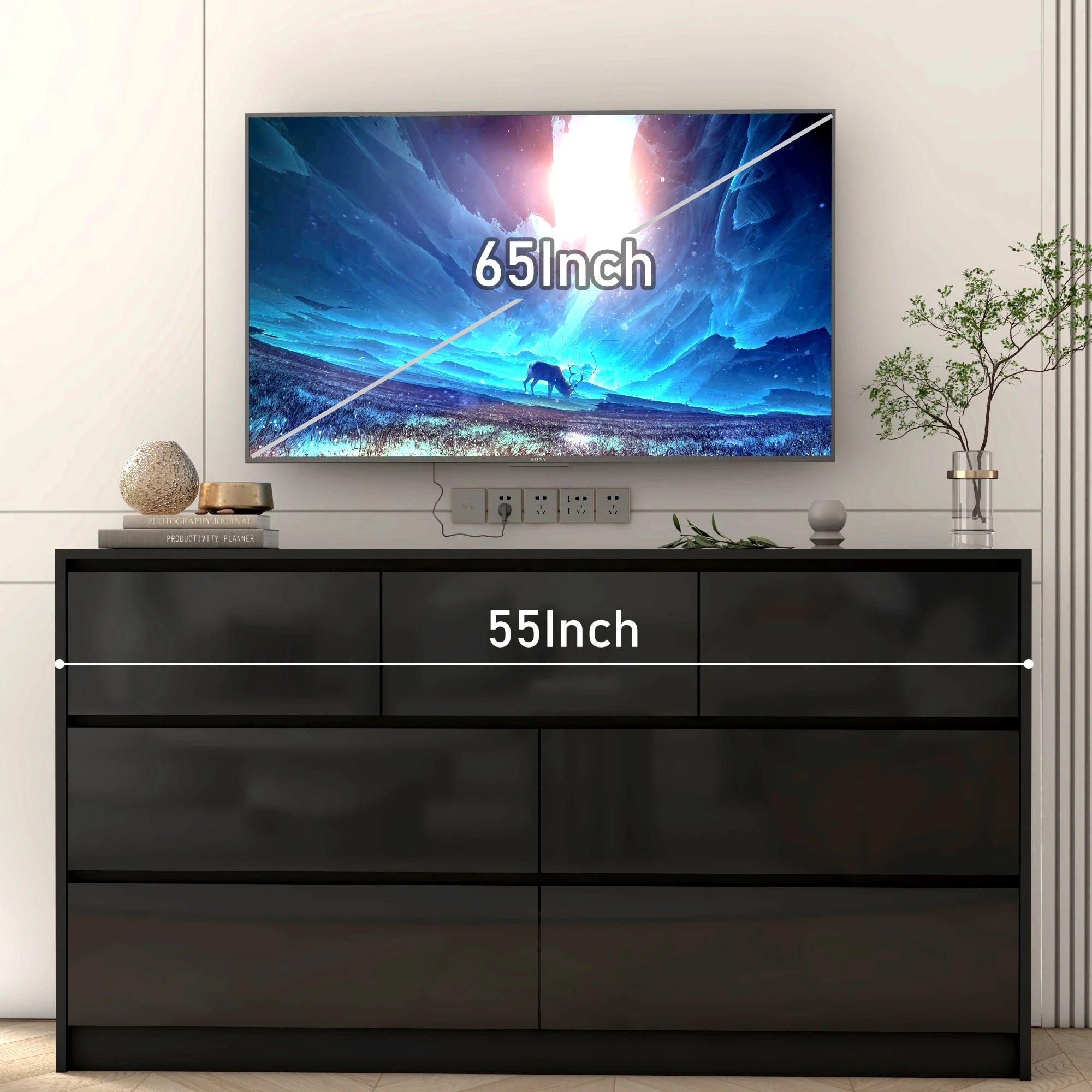 55" 7-Drawer Dresser for Bedroom, High Gloss Drawers