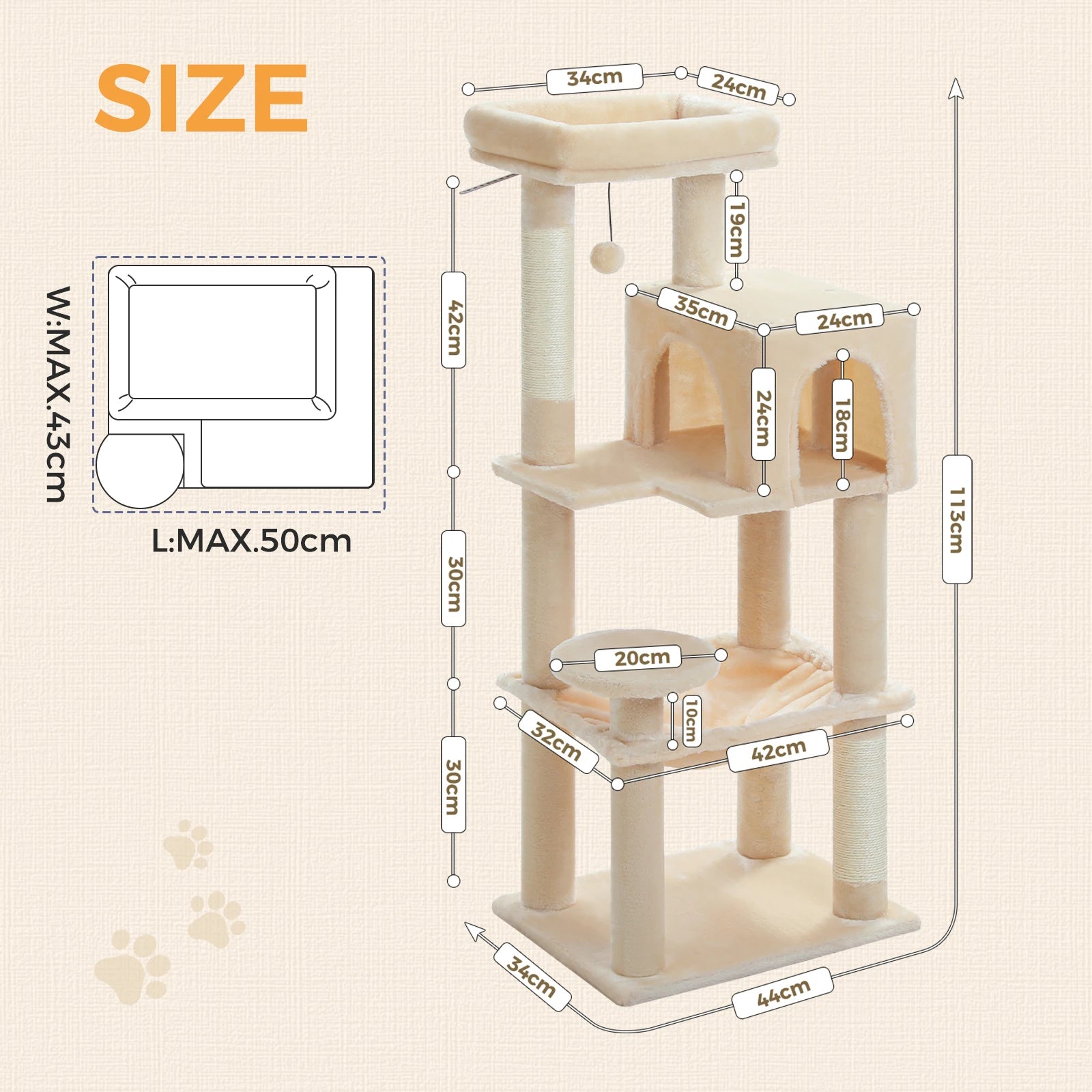5-Level Cat Tree 113cm Cat Tower with Top Perch,Soft Condo,Natural Sisal Scratching Post,Attractive Pompom,Anti-tip kit,Hammock