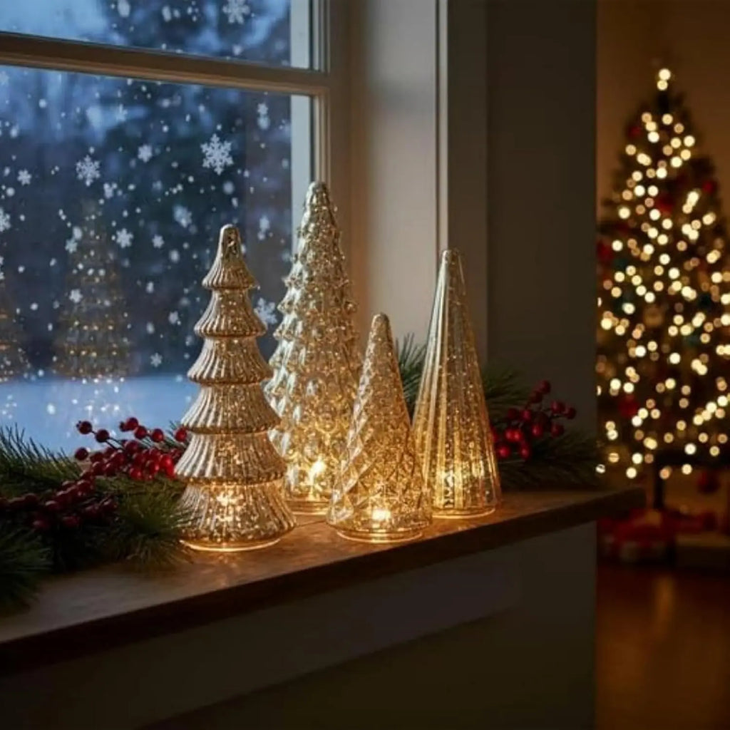 Set of 5 LED Christmas Trees, Gold, Silver