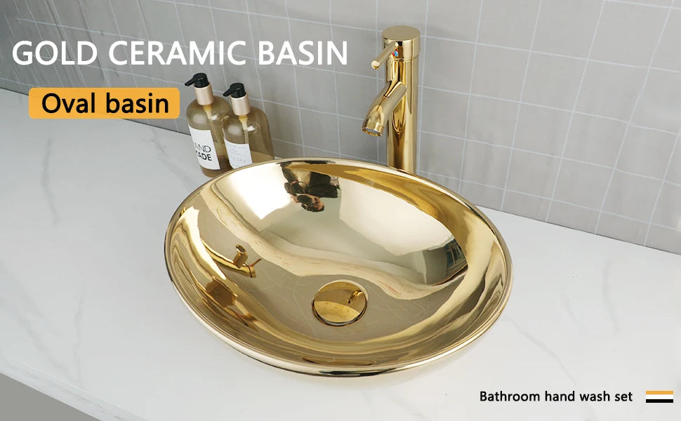 Large Gold Vessel Sink with Faucets, Drain