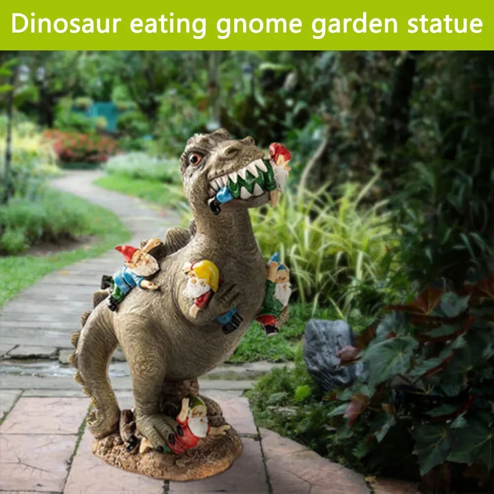 Dinosaur Eating Gnome Statue Yard Art