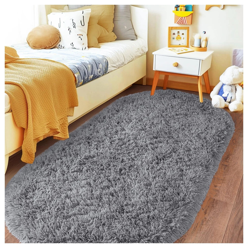 Oval Fluffy Plush Bedside Rugs, Moisture-Proof