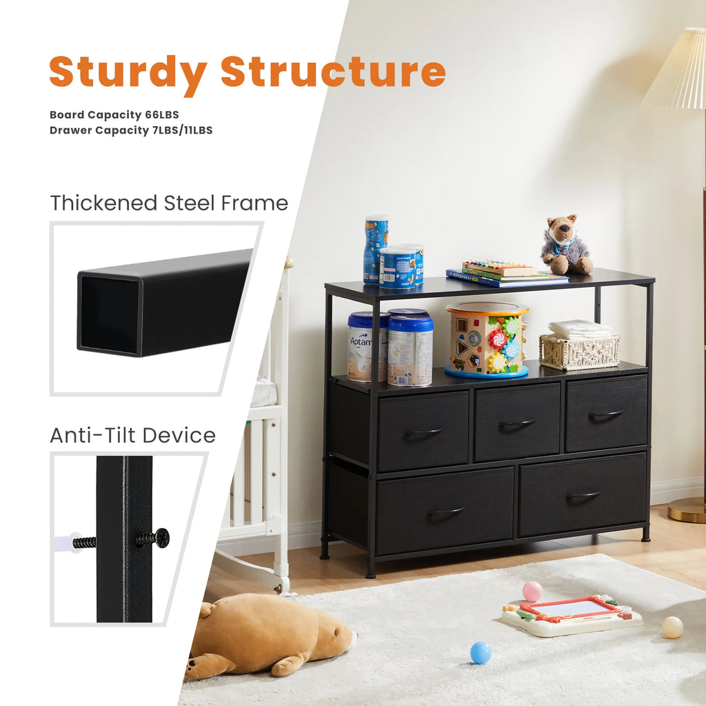 Display Cabinet Dresser, 5 Fabric Drawers, Shoe Rack