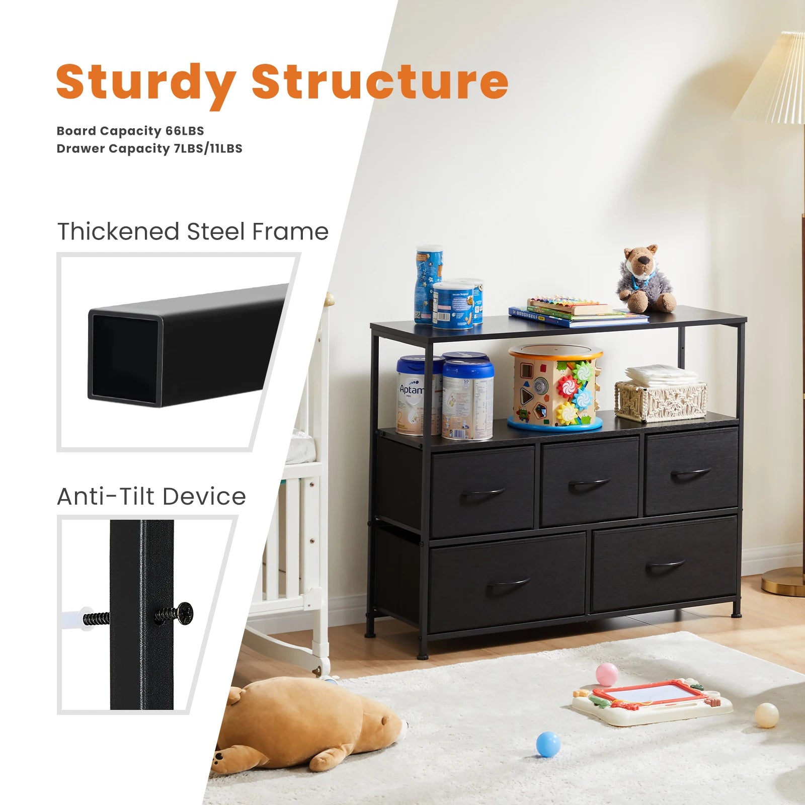 Display Cabinet Dresser, 5 Fabric Drawers, Shoe Rack