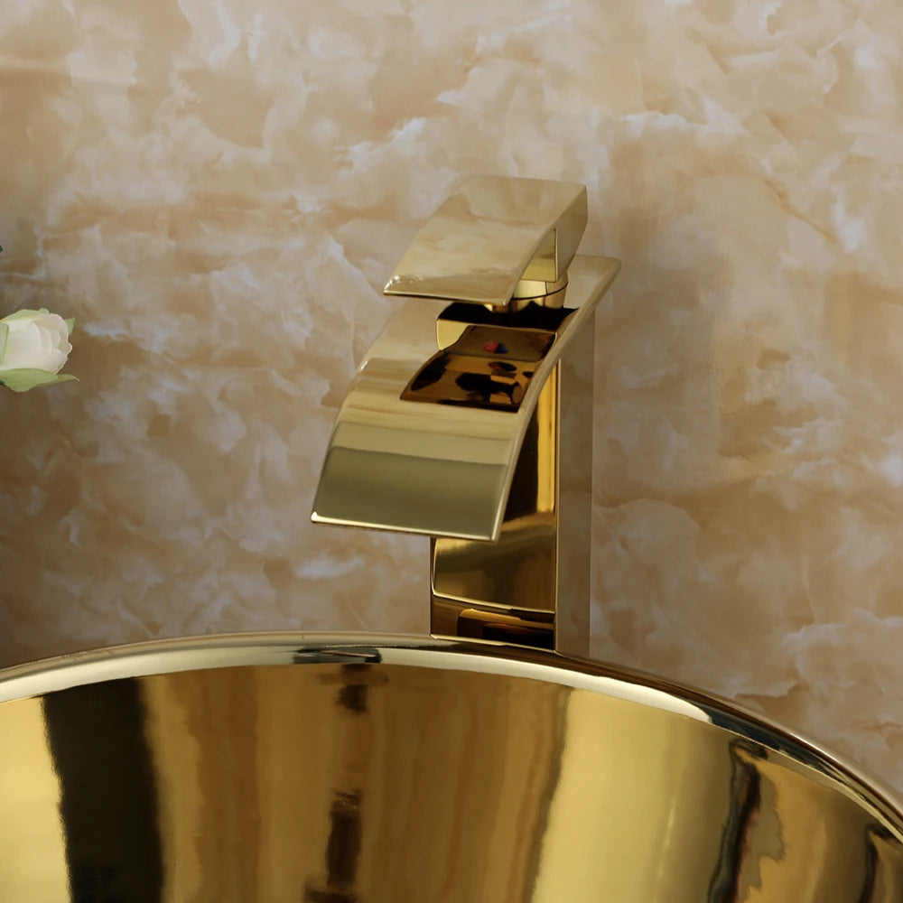 Large Gold Vessel Sink with Faucets, Drain
