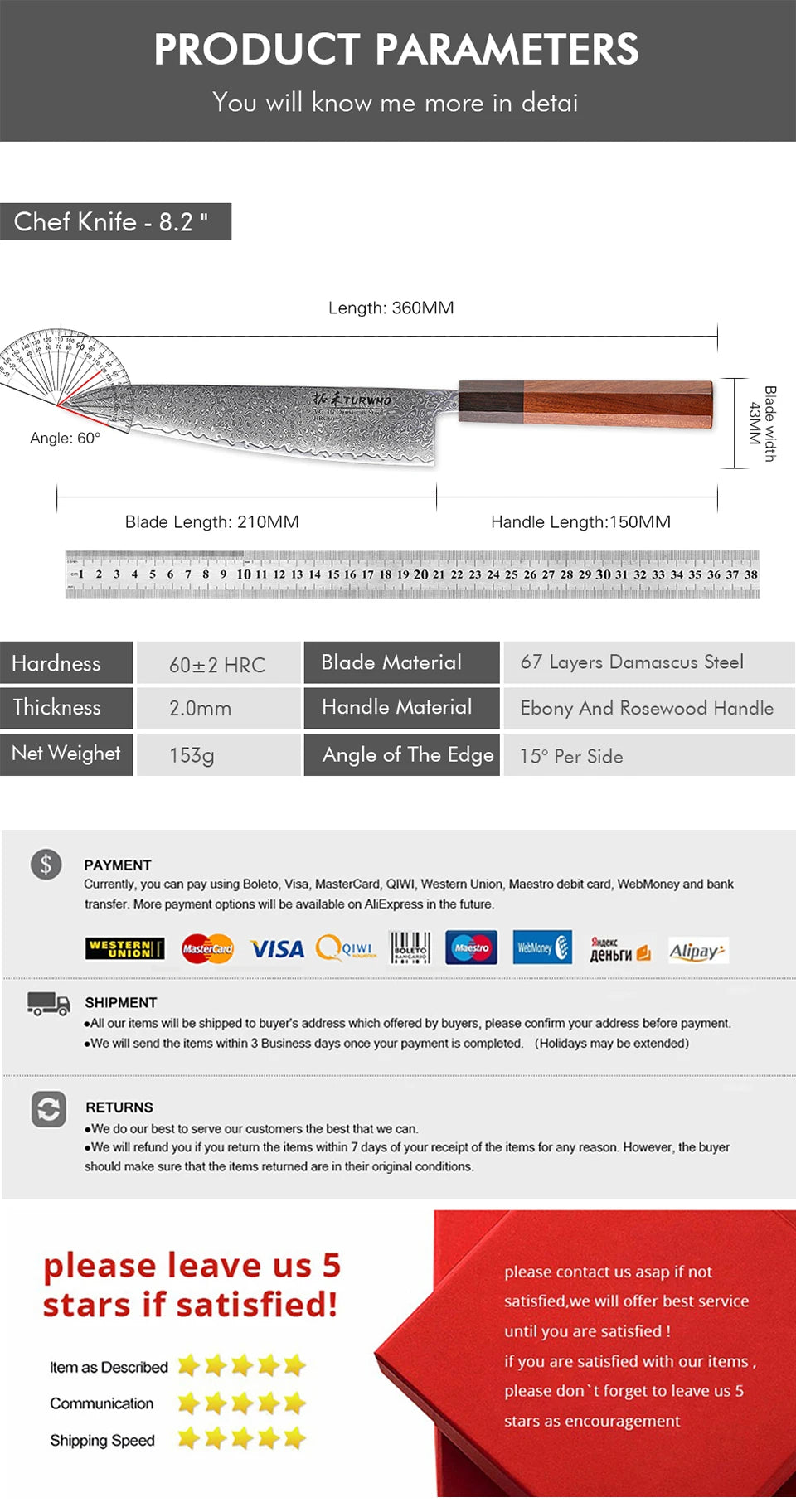 8.2" Japanese Chef Knife Damascus Steel Hand Forged