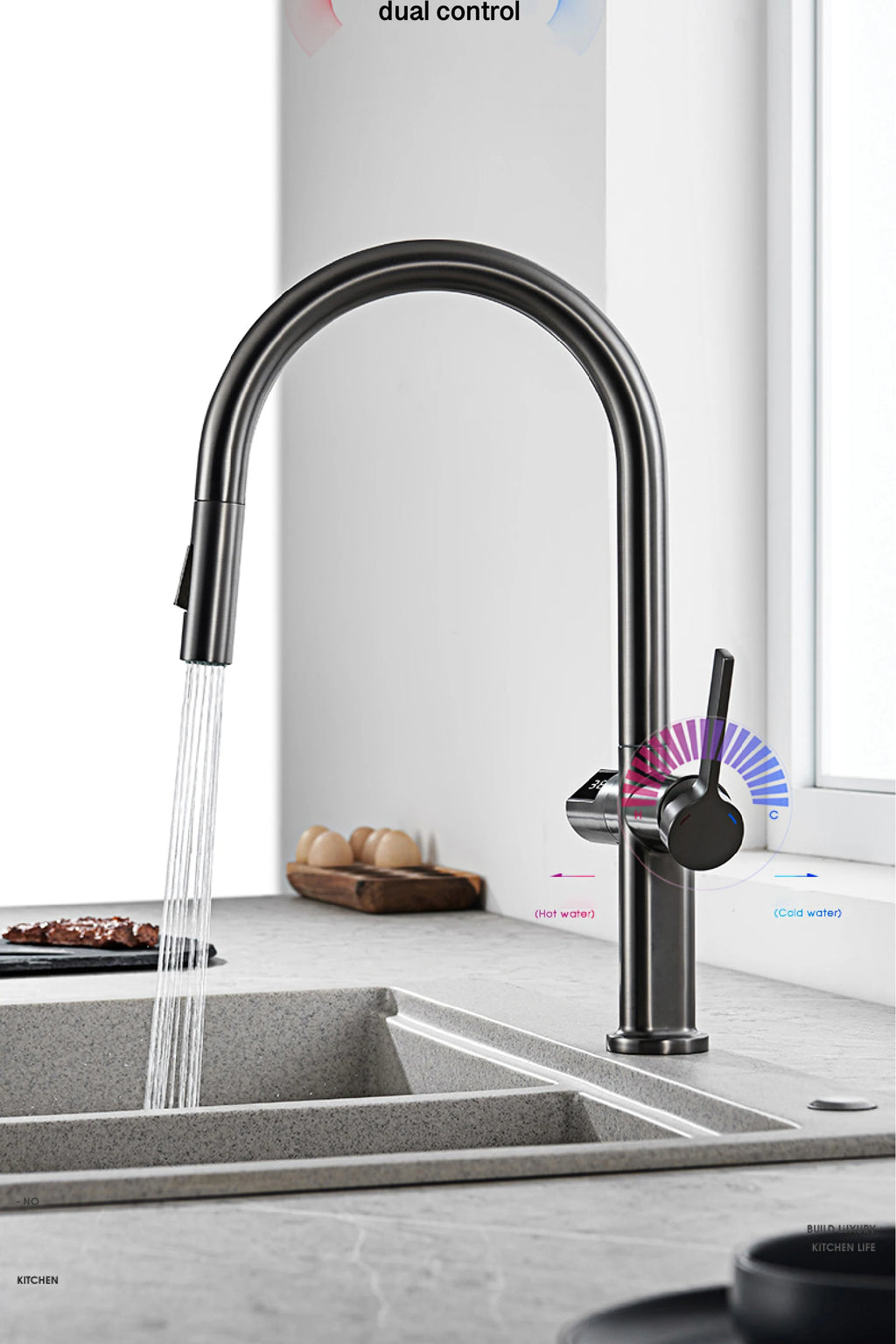 gun gray kitchen faucet, LED digital sensing, 2-function spay