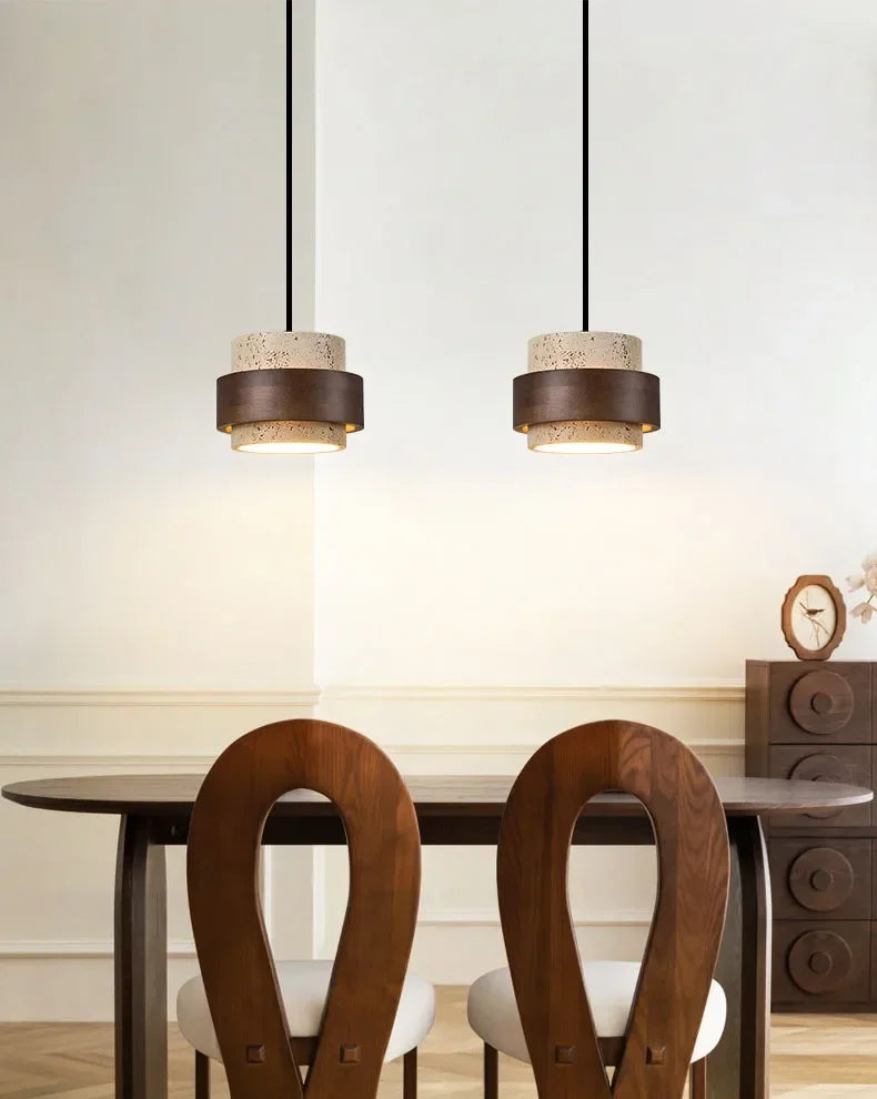 Natural Stone LED Pendant Lamp, Wood, Cord Adjustable