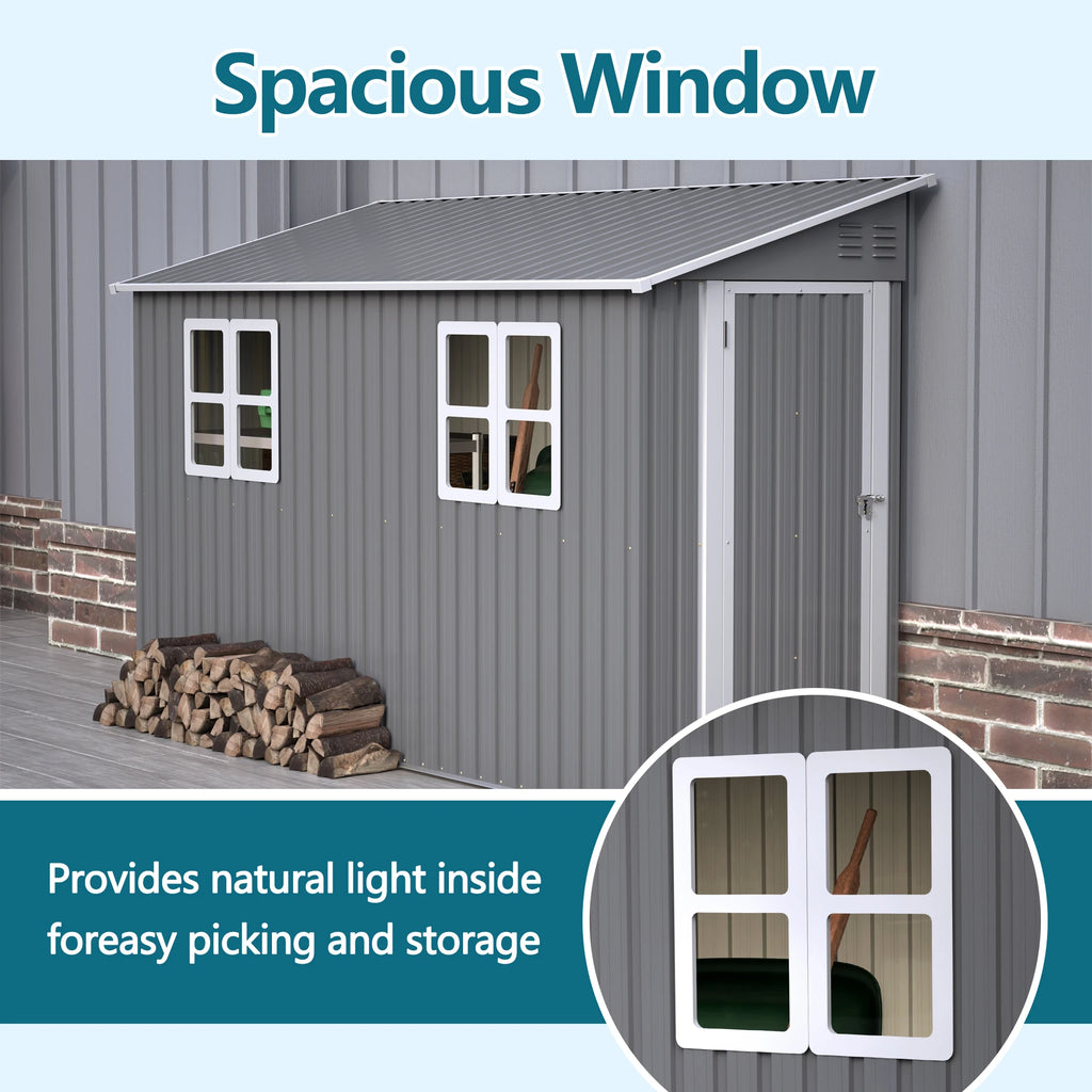 4x10 FT Galvanized Steel Shed, Lockable Storage, Windows
